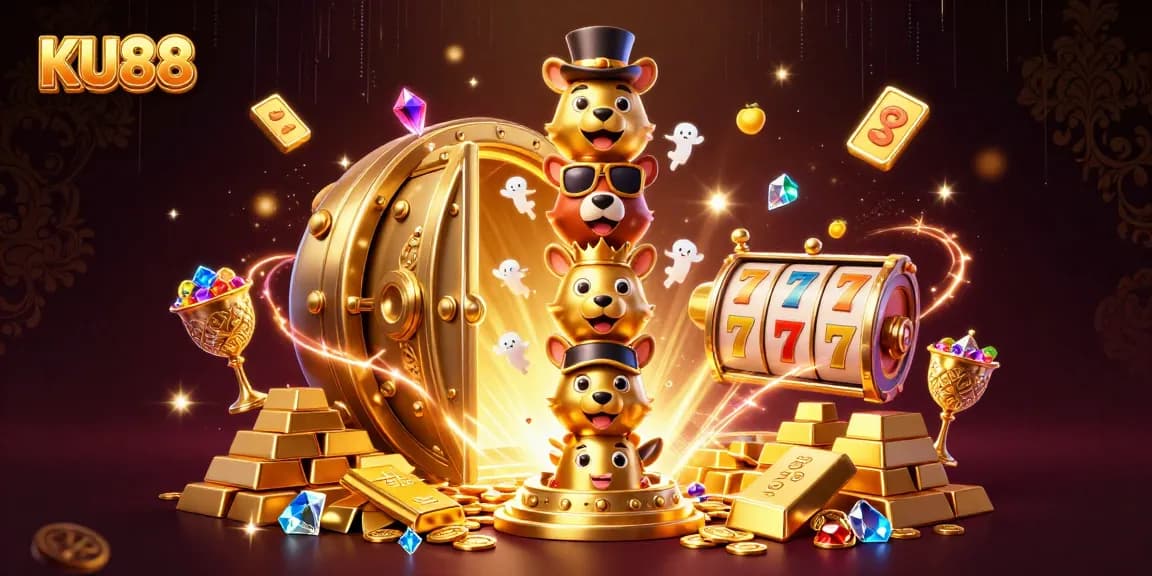 Engage with thrilling casino excitement at KU88, featuring a 3D totem pole amidst abundant treasures and dynamic gaming elements.
