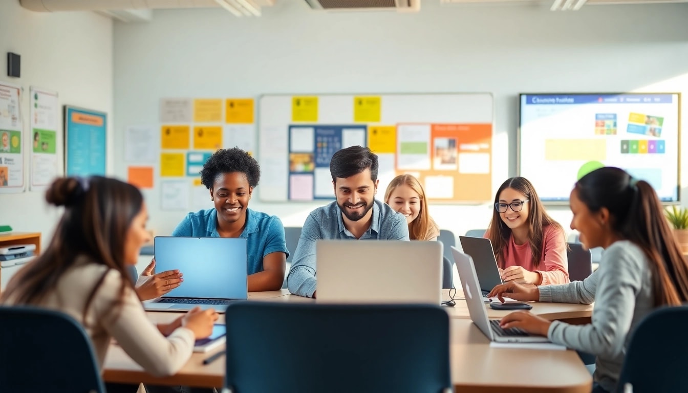 Writink tutoring session with enthusiastic interactions in a modern classroom.
