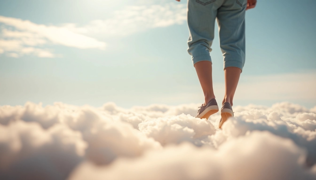 Walking on Clouds with a serene figure amidst fluffy clouds under a bright blue sky.