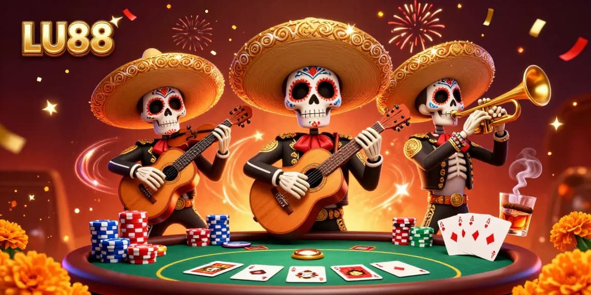 Experience the vibrant LU88 poker scene with a festive mariachi band and colorful gaming elements.