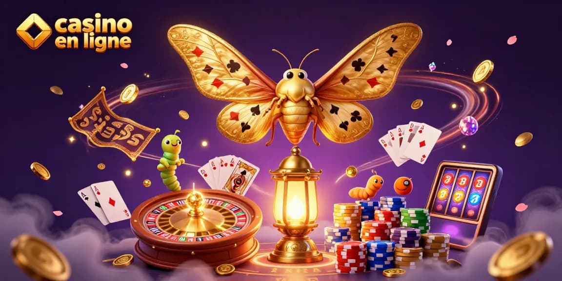 Belle illustration 3D d'un casino en ligne, montrant un papillon majestueux et des éléments de jeu fascinants.