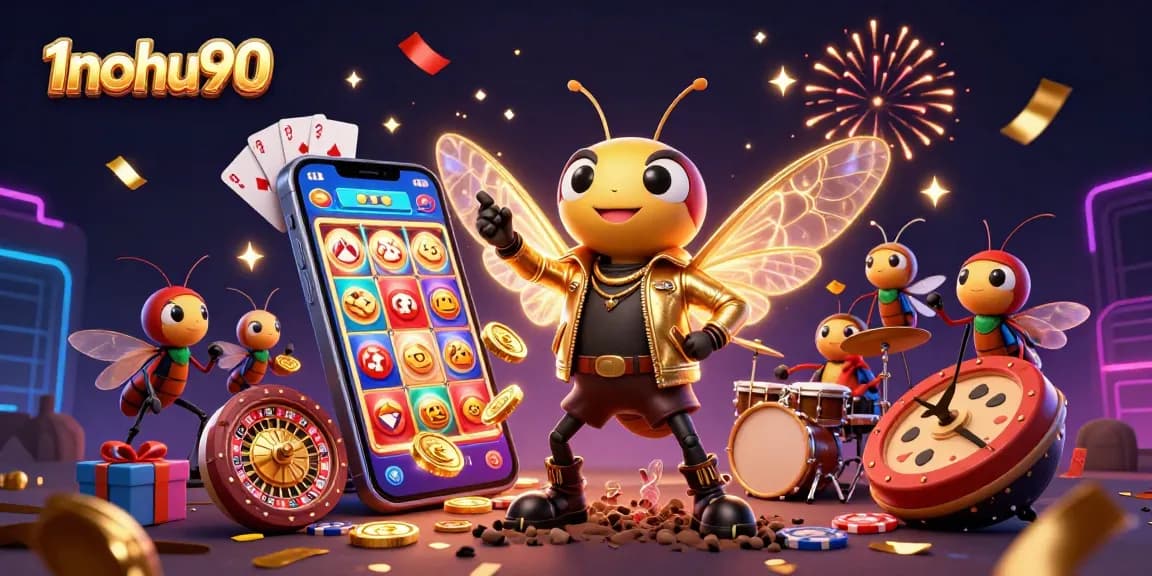 Join the fun at 1nohu90 with a thrilling gambling scene featuring a rock-star cicada and vibrant slots.