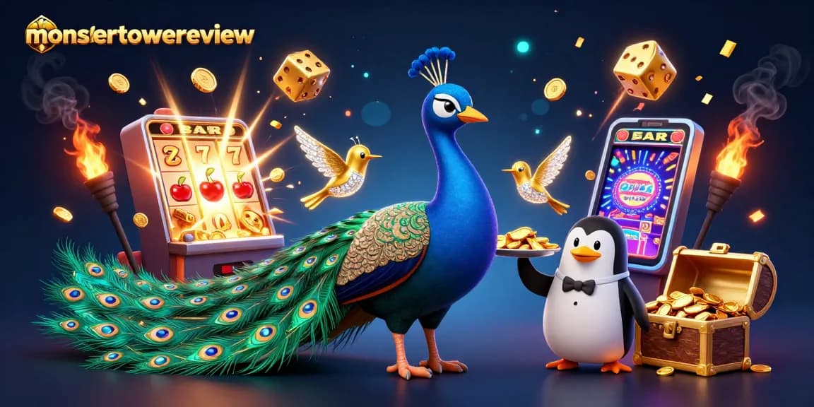Spin the reels in the lively scene featuring characters from monstertowerreview celebrating a jackpot.