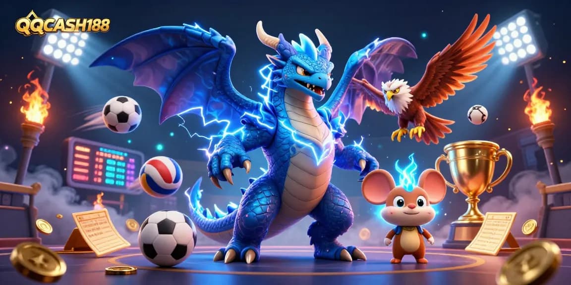Engage in thrilling gameplay with QQCASH188 amidst a vibrant 3D casino atmosphere featuring dynamic sports elements.