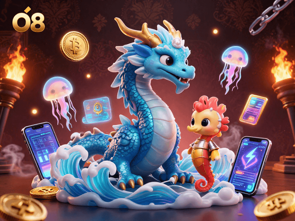 Join the exciting world of O8, showcasing a vibrant casino scene with crypto elements.