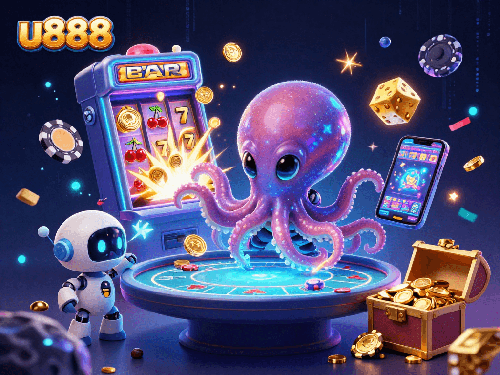 u888 showcases an alien octopus at a dynamic poker table surrounded by exciting casino elements.