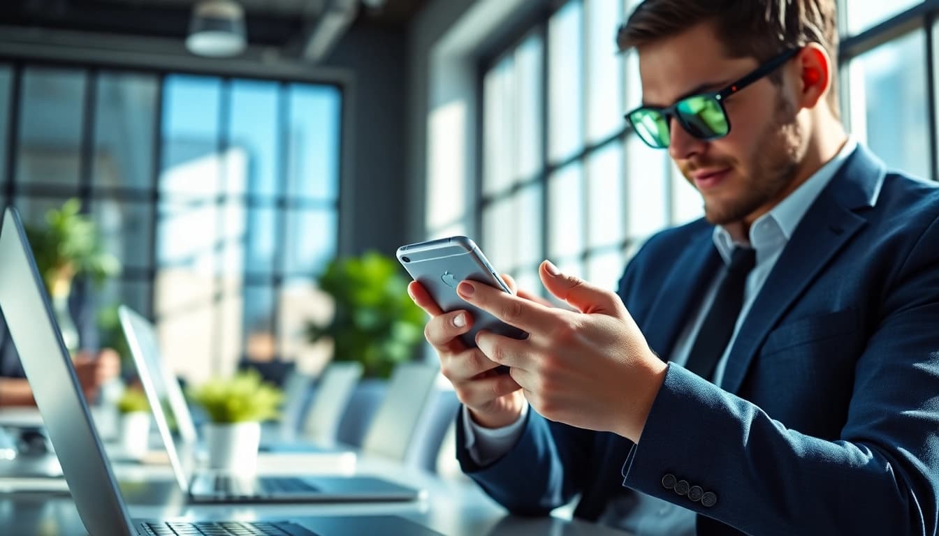 Explore business mobile deals UK with a professional using a sleek smartphone.