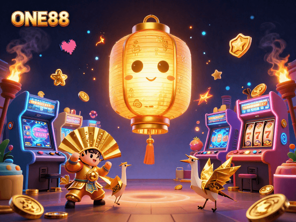 Engage in thrilling slots gameplay with ONE88's immersive casino atmosphere illustrated in 3D.