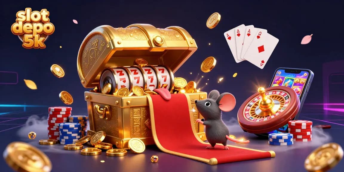 Experience big wins with slot depo 5k, a dynamic 3D illustration of treasures and gaming excitement.