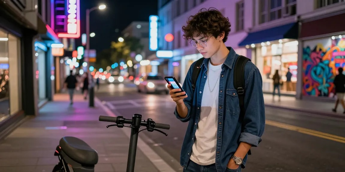 A vibrant urban scene featuring an individual exploring amphetamine for sale UK online amidst neon lights, showcasing modern city life.