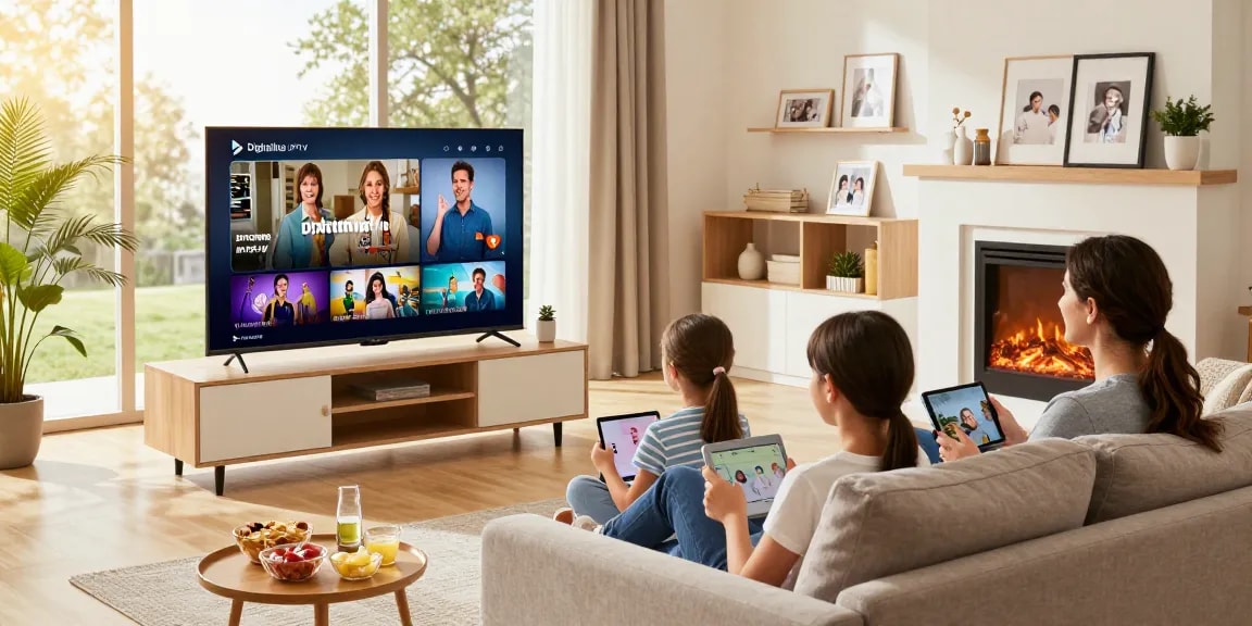 Family enjoying Digitaline IPTV streaming in a cozy living room, showcasing comfortable family bonding.