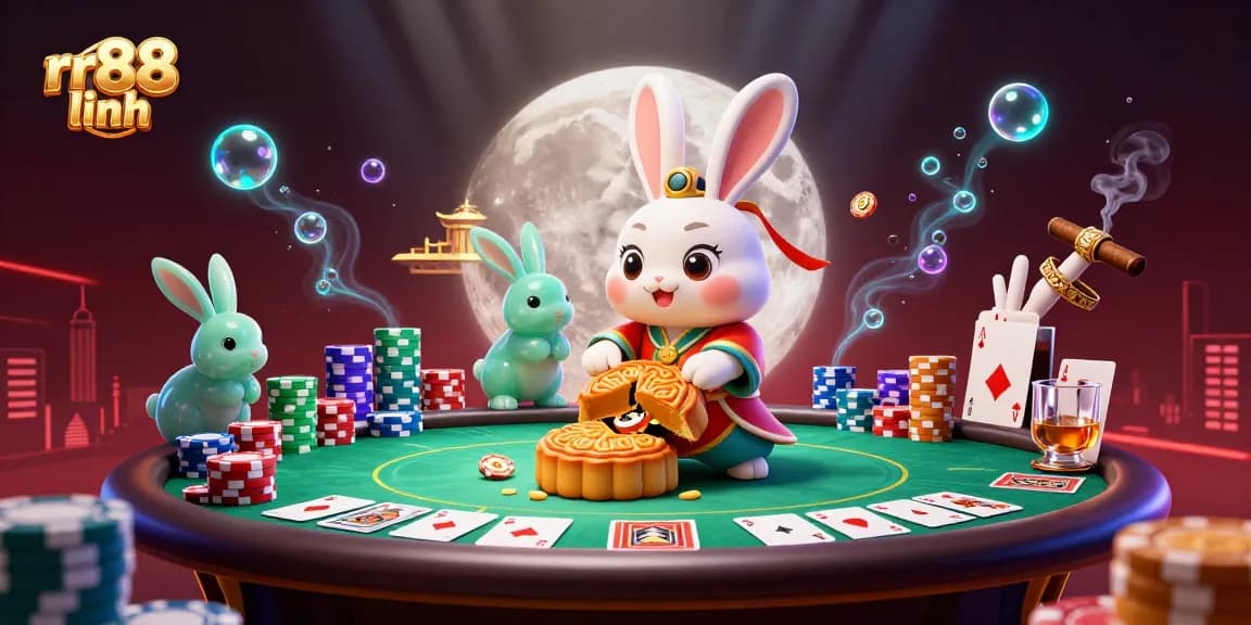 Experience thrilling gaming at rr88 linh with charming moon rabbits revealing poker treasures on the lunar surface.