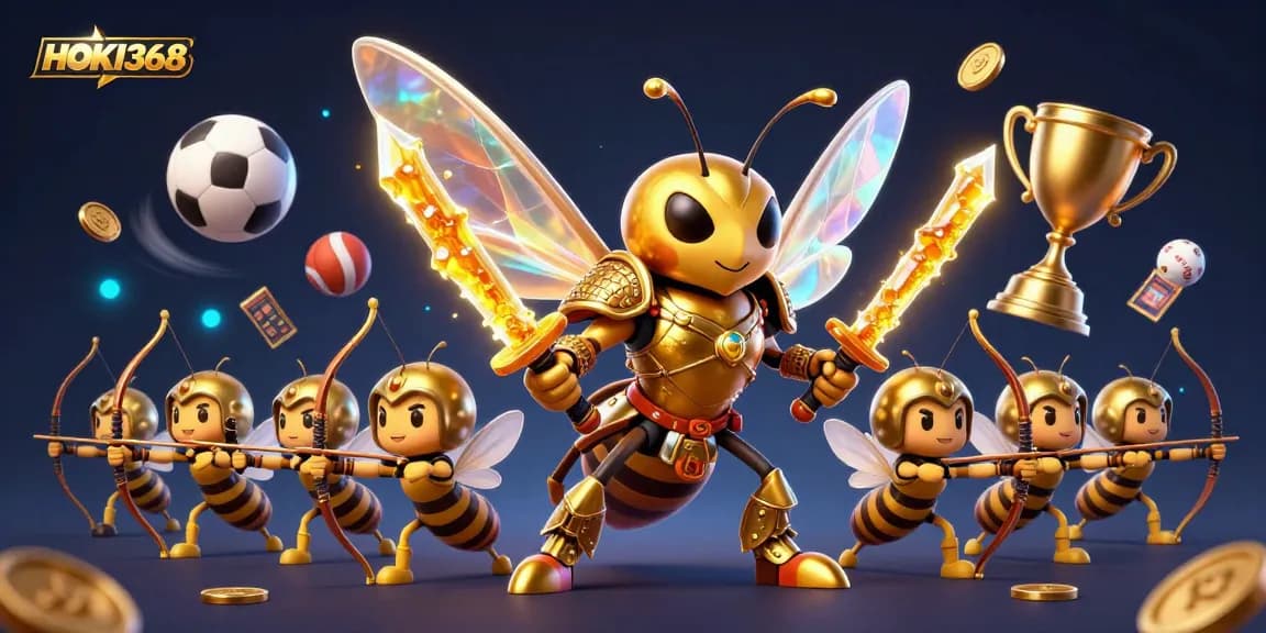 HOKI368 presents a vibrant 3D scene of a golden hornet in samurai armor celebrating gaming wins.