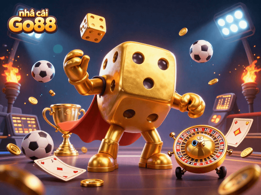 nhà cái Go88 showcases excitement with golden dice and dynamic sports elements in action