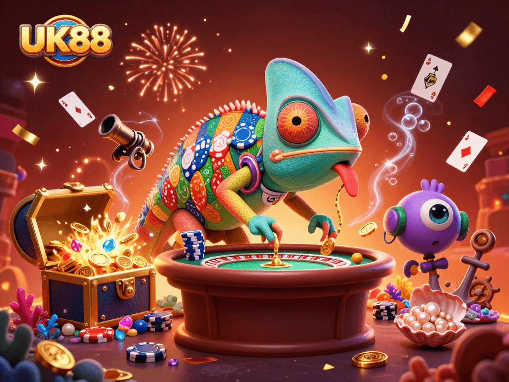 Bet big with UK88 as our chameleon casino owner catches golden coins while celebrating in vibrant gameplay.