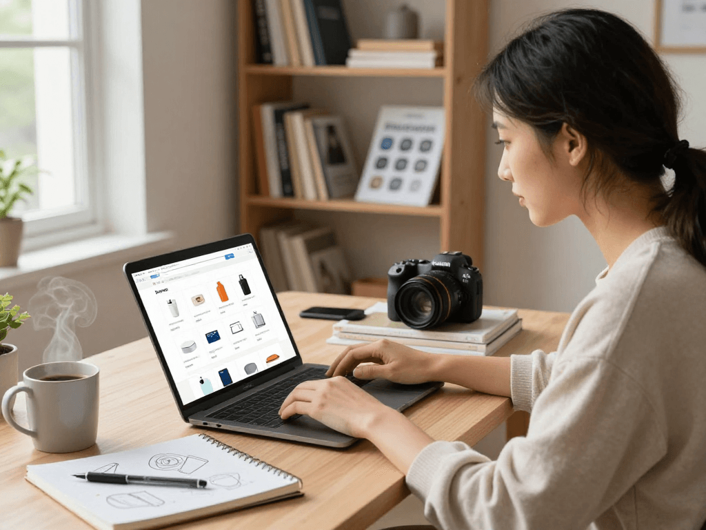 The vibrant online shopping experience at https://www.ebbfilter.com/shop with a user exploring product filters in a cozy workspace.