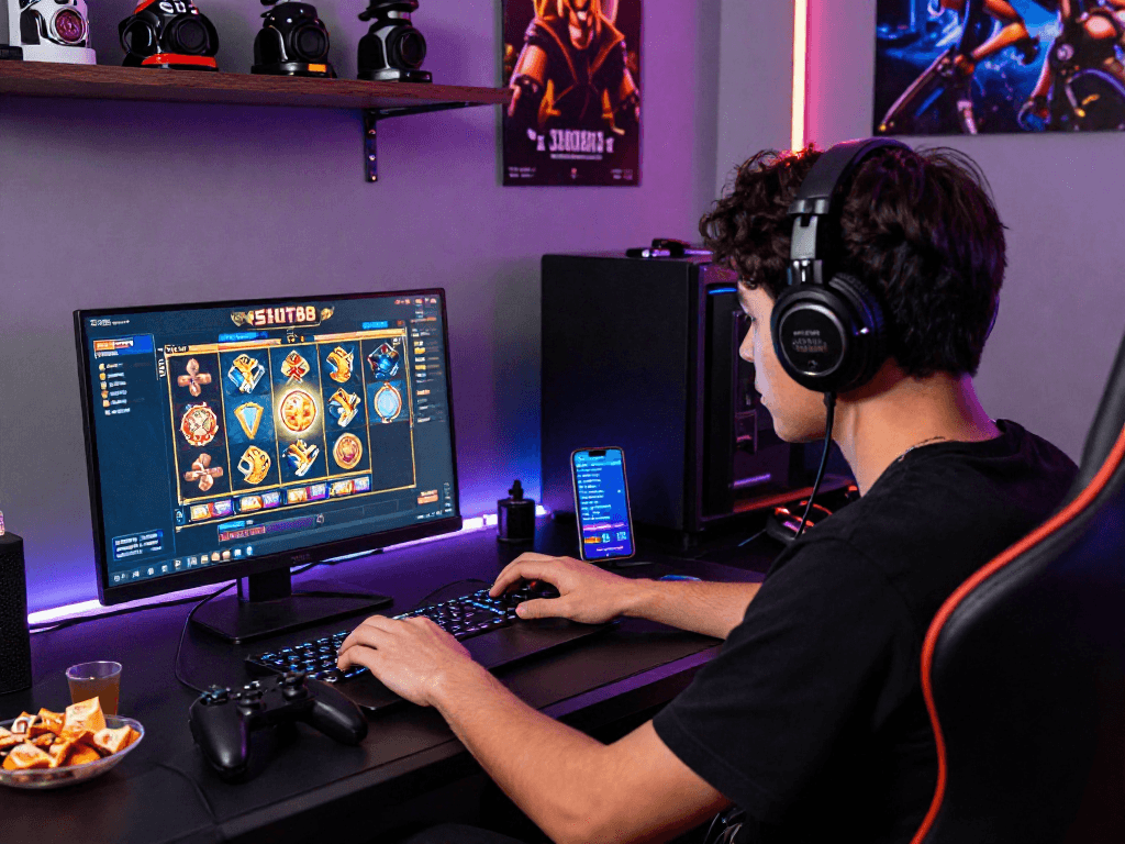 Pengalaman bermain slot88 secara online dengan pemain fokus pada layar dan suasana energik di ruangan gaming.