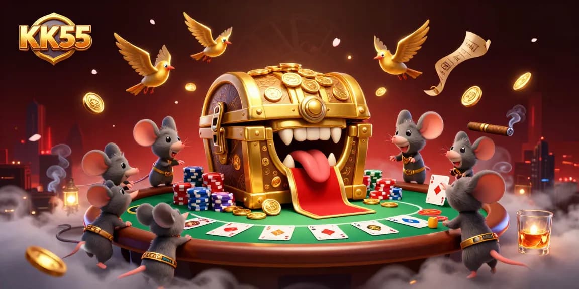 Experience KK55's thrilling casino vibe with a vibrant 3D treasure scene full of adventure!