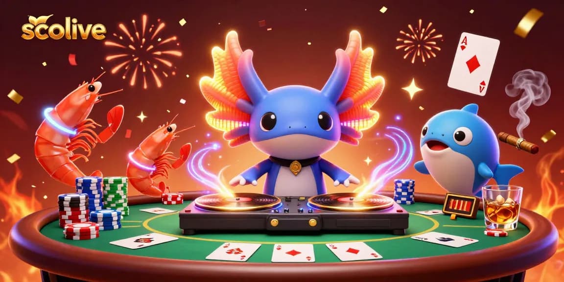 Socolive features a vibrant scene of a neon axolotl DJ and glowing shrimp, captivating gamblers with poker action.