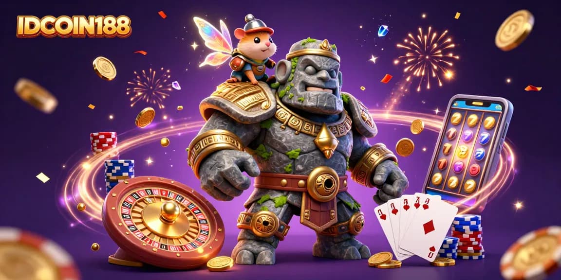 IDCOIN188 spins through a magical casino adventure with a golem, fairy, and hamster knight amidst coins and gems.