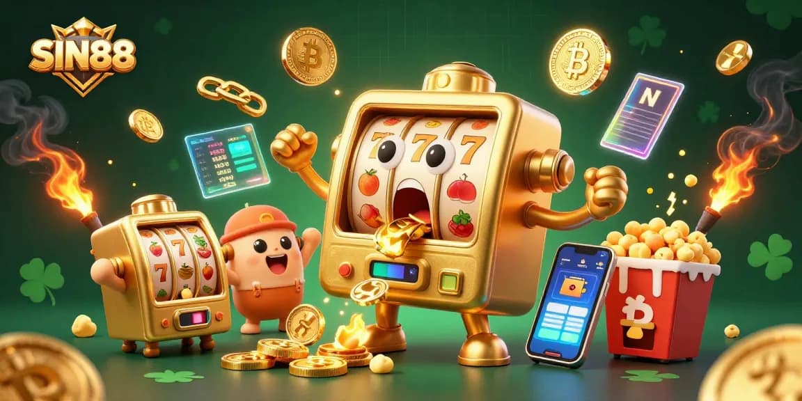 SIN88 golden slot machine celebrates a jackpot, showering coins among cheering baby slots and crypto elements.