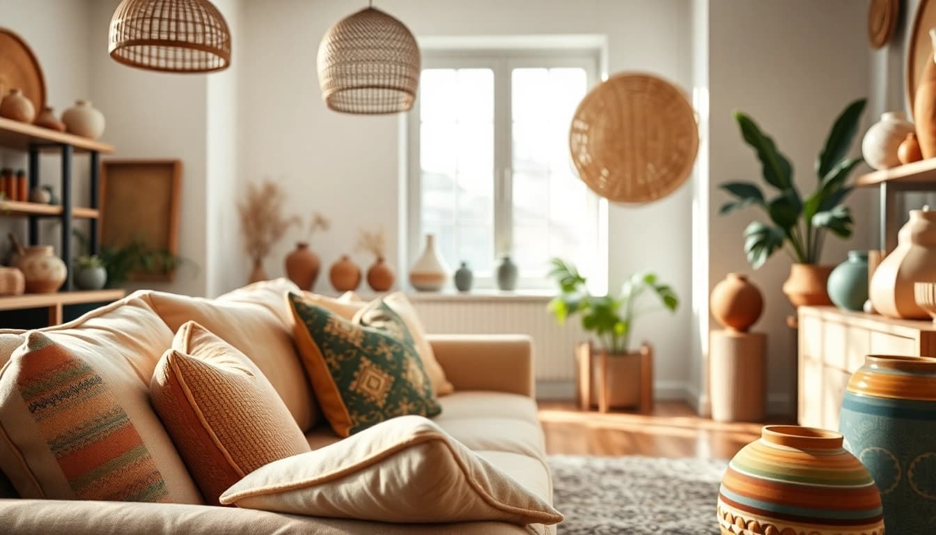 Verken het unieke ontwerp van imperfectdesign.nl met handgemaakte decoraties in een sfeervolle woonkamer.