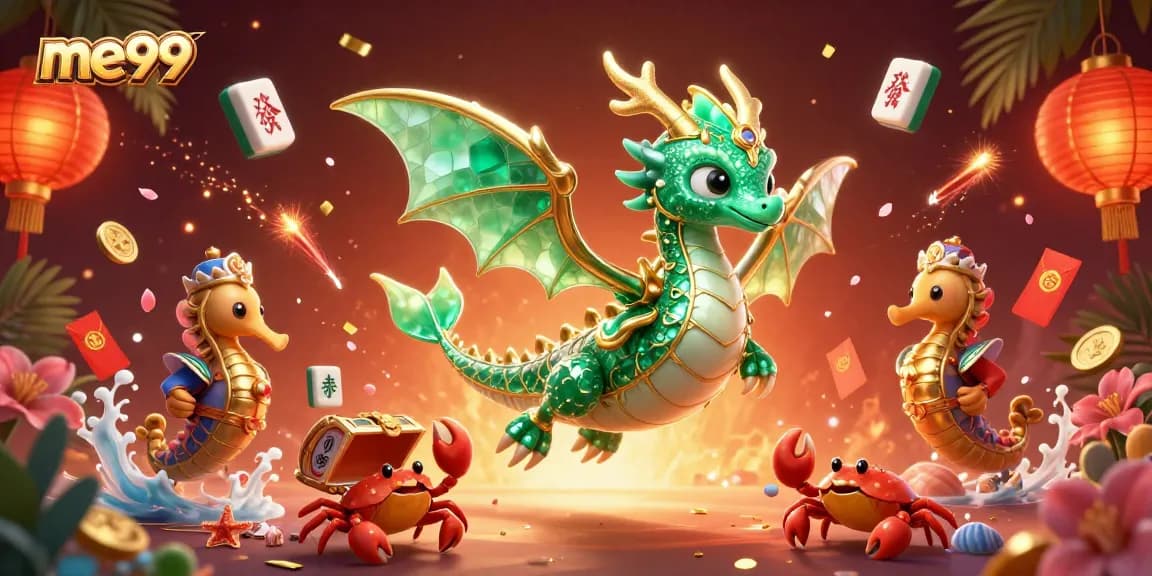 Experience excitement with me99 as the emerald sea dragon leads an elegant gaming scene.
