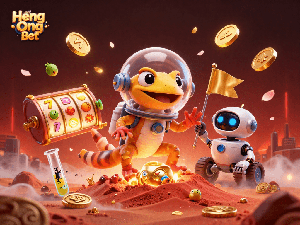 Spin reels and win big with Heng Ong Bet in a vibrant Martian casino setting featuring alien characters.