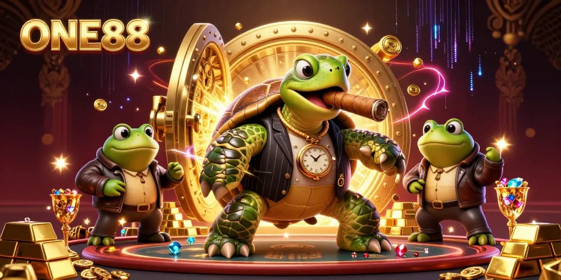ONE88 showcases a cartoon turtle in a casino scene filled with treasure and excitement.