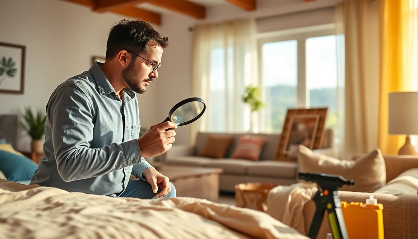 Bed bug exterminator inspecting a home for pests in a modern living room setting.