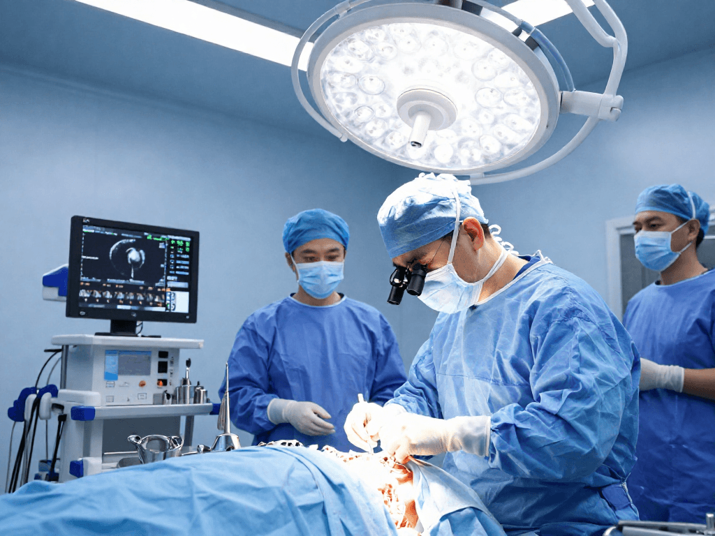 Dar kanal ameliyatı underway in a modern surgical theater, showcasing the precision and professionalism of spinal surgery.