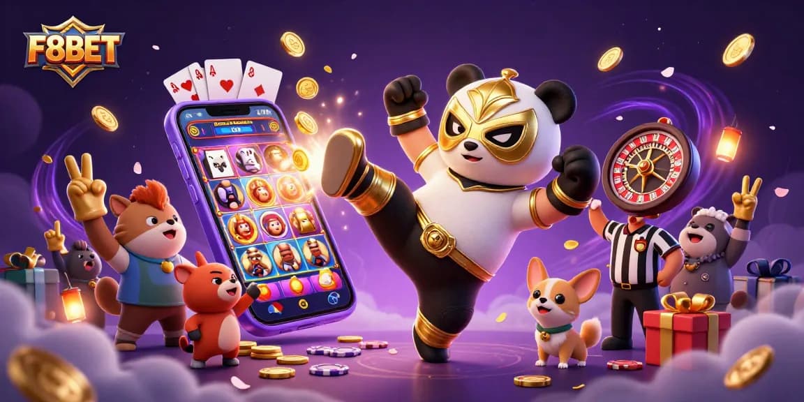 F8BET showcases thrilling gaming action with a lively illustration of a panda wrestler and dynamic casino elements.