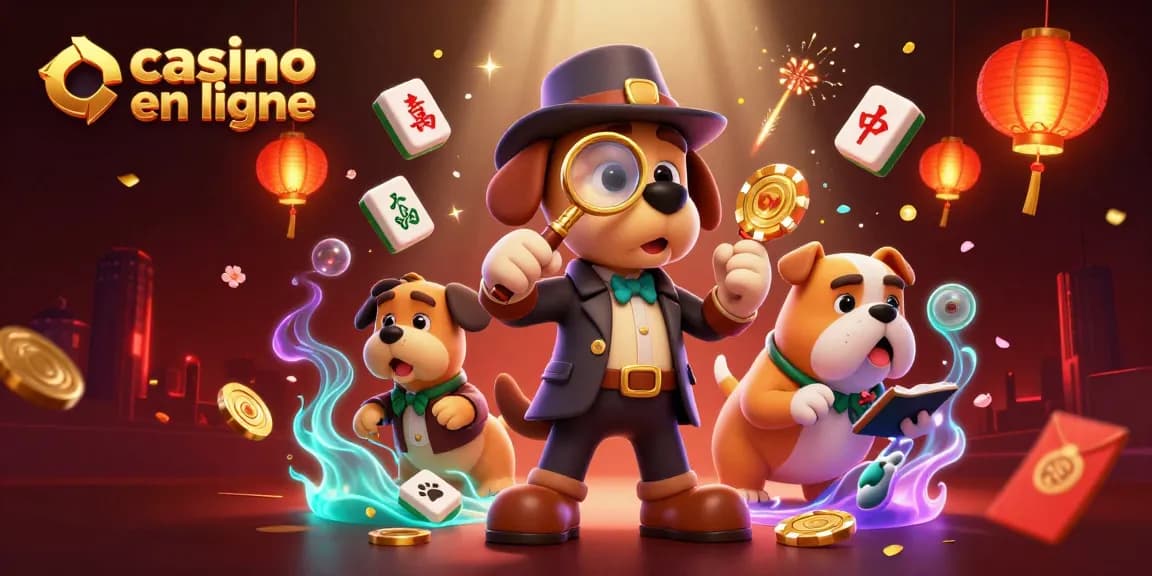 Jouez dans un casino en ligne captivant avec un détective cartoon examinant des jetons dorés, entouré d'éléments festifs.