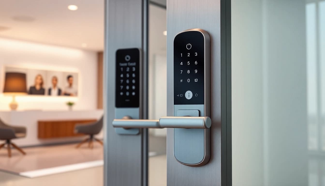 Visually illustrate a zutrittskontrolle system enhancing office security with sleek design and smart technology.