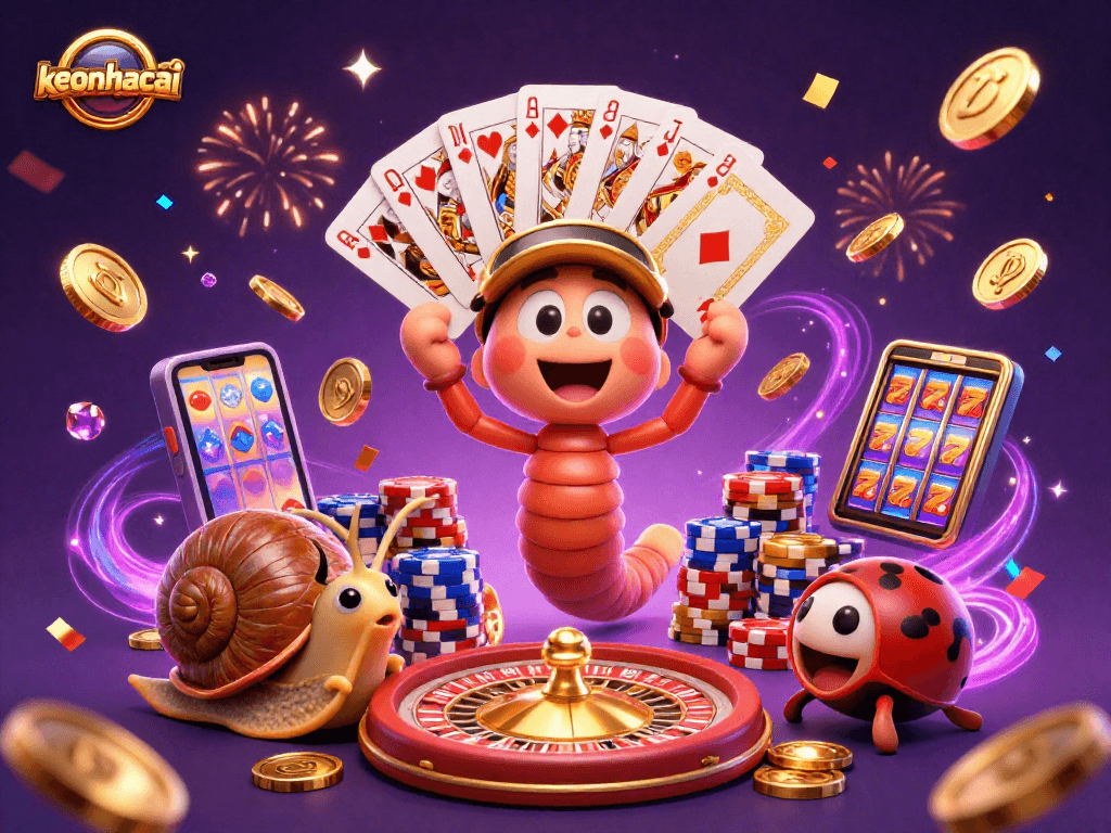 Experience the excitement of keonhacai with a dynamic casino illustration featuring a cartoon millipede dealer.