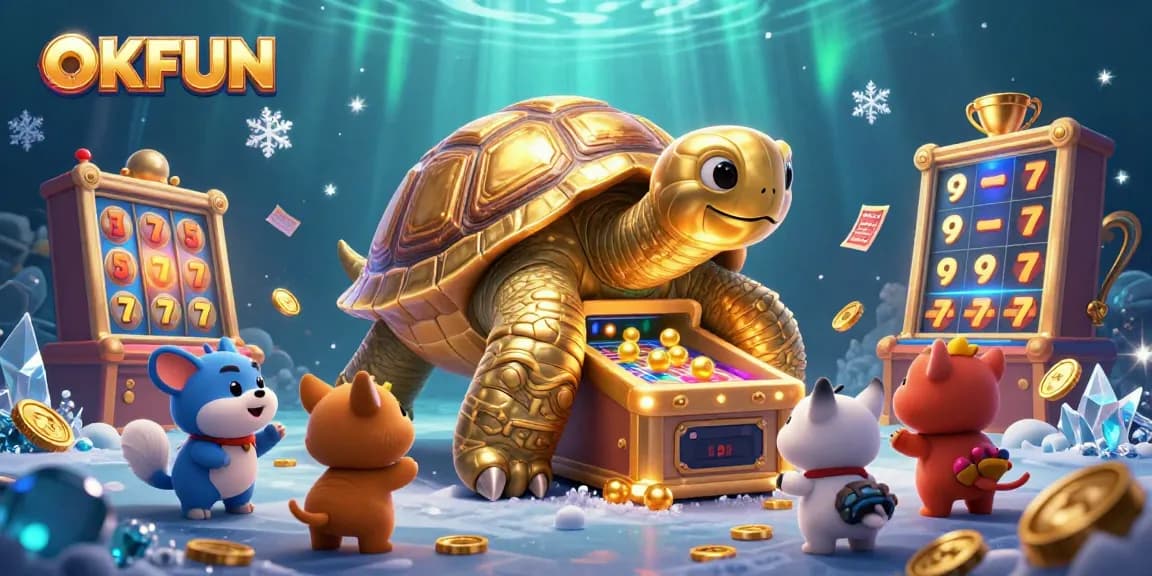 Engaging scene of OKFUN featuring a colossal golden tortoise pinball machine with golden balls, sports elements, and vibrant casino graphics.