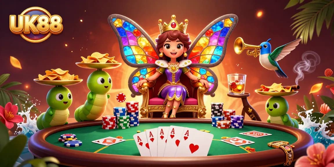Engage in thrilling poker with UK88 as a butterfly queen presides over a vibrant casino scene.
