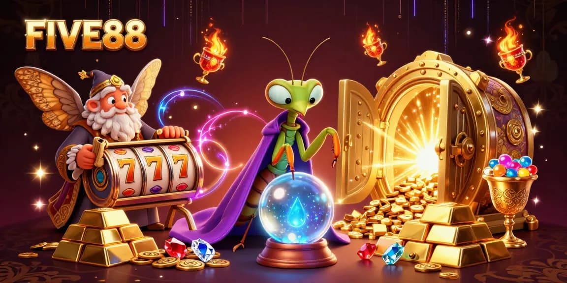 Experience FIVE88 with vibrant casino energy, showcasing dynamic characters and rich gaming elements.