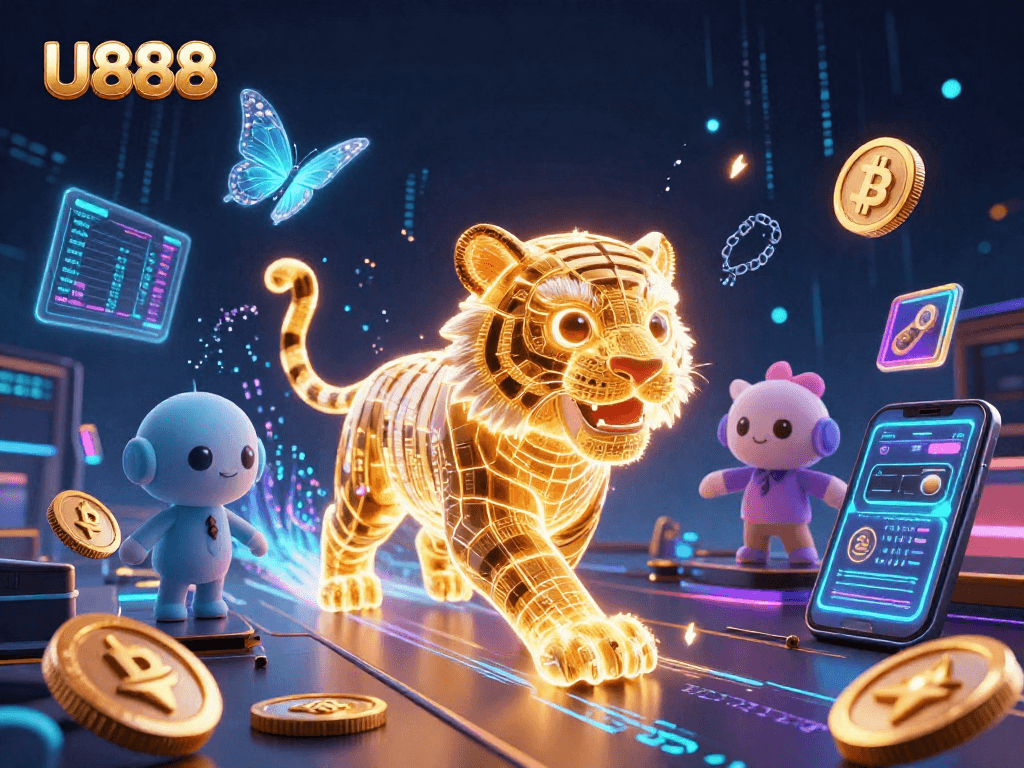 Engage with U888's vibrant digital casino world featuring a golden tiger amidst cryptocurrency excitement.