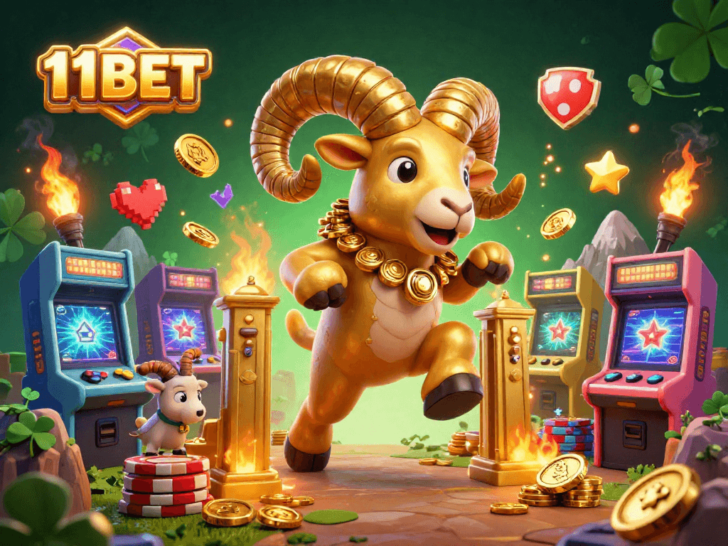 Engage with 11BET's exciting gaming world featuring a dynamic golden ram and casino elements.