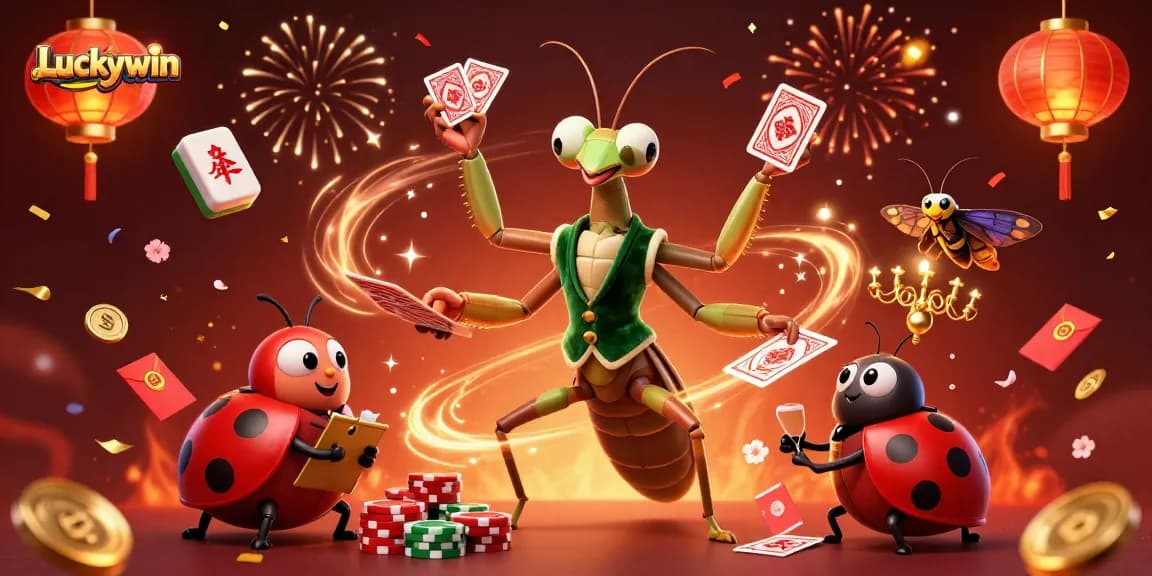 Luckywin features a dynamic gambling scene with a giant praying mantis dealing cards and a ladybug overseeing gaming.