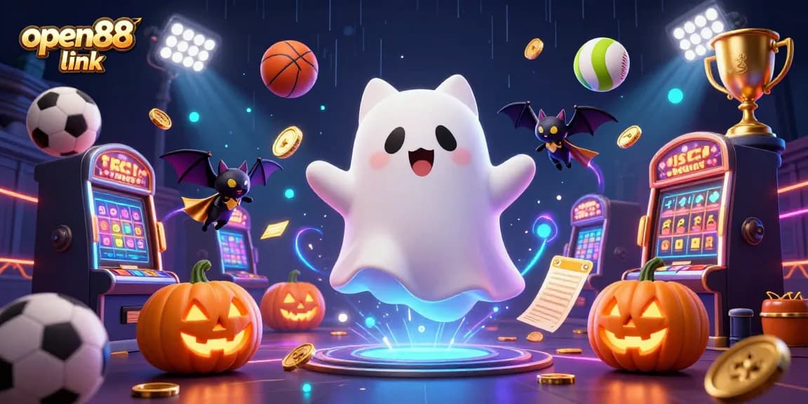 Experience thrilling gameplay at open88 link, featuring a vibrant ghost cat and exciting casino elements.