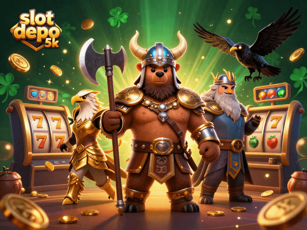 Experience the thrill of slot depo 5k in a vibrant 3D casino scene with lucky symbols and characters.