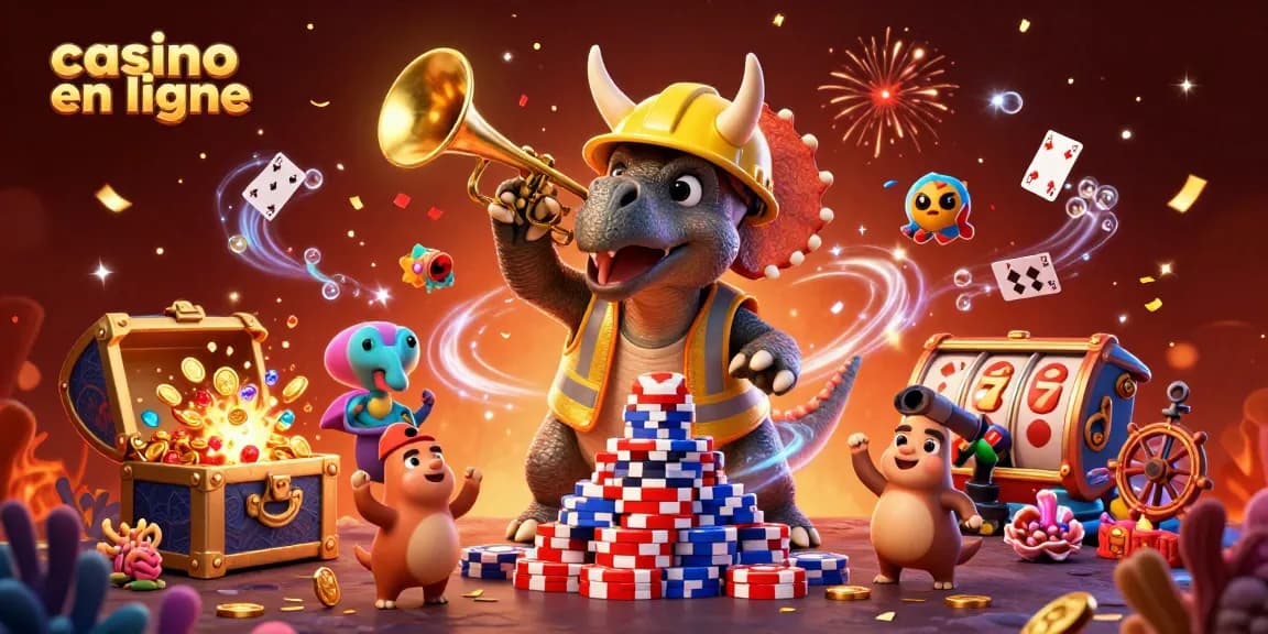 Construisez une pyramide de jetons de poker avec un triceratops au casino en ligne, entouré de trésors sous-marins.