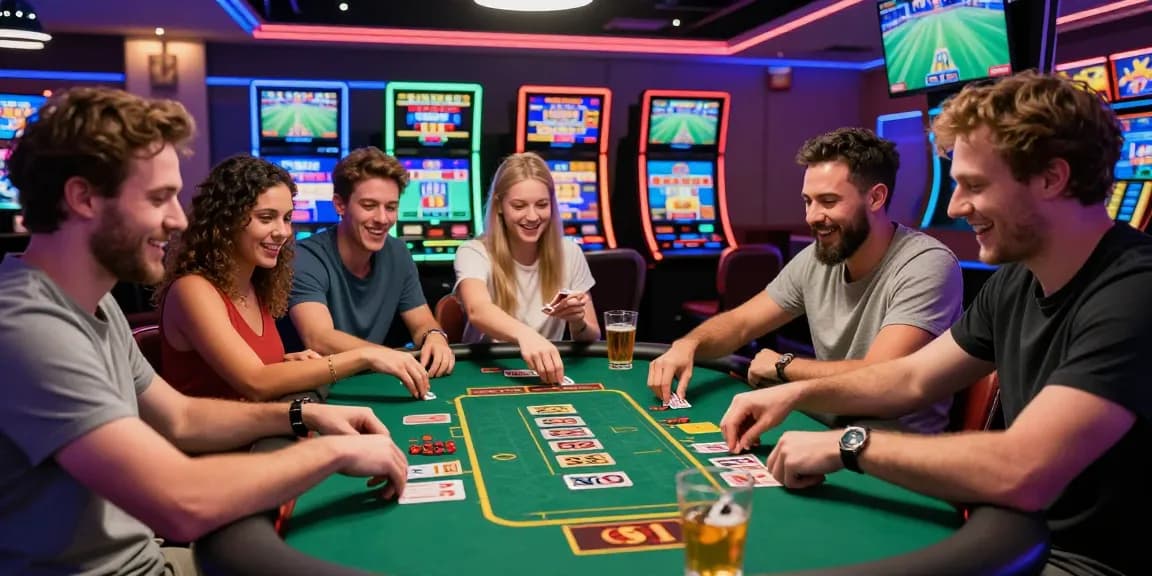 Group enjoying 92 dadu gaming experience at an online casino with vibrant decor and camaraderie.