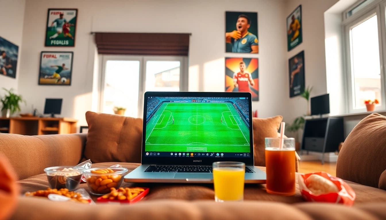 Menonton bola secara langsung di ruang tamu yang nyaman dengan makanan ringan