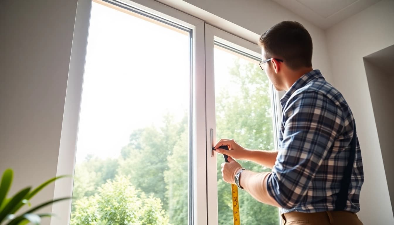 Showcasing double glazed windows installation with an installer measuring, highlighting energy efficiency.