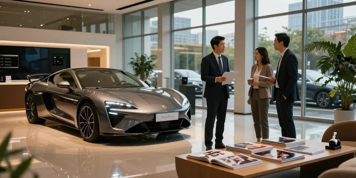 Menampilkan LUXURY 777 di showroom mobil mewah dengan konsultan penjualan dan pelanggan.