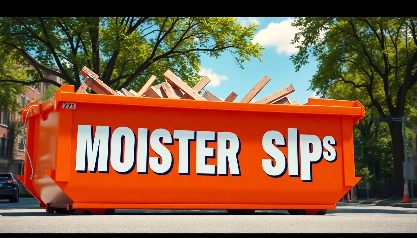 Monster Skips container in urban environment showcasing its purpose with construction debris.