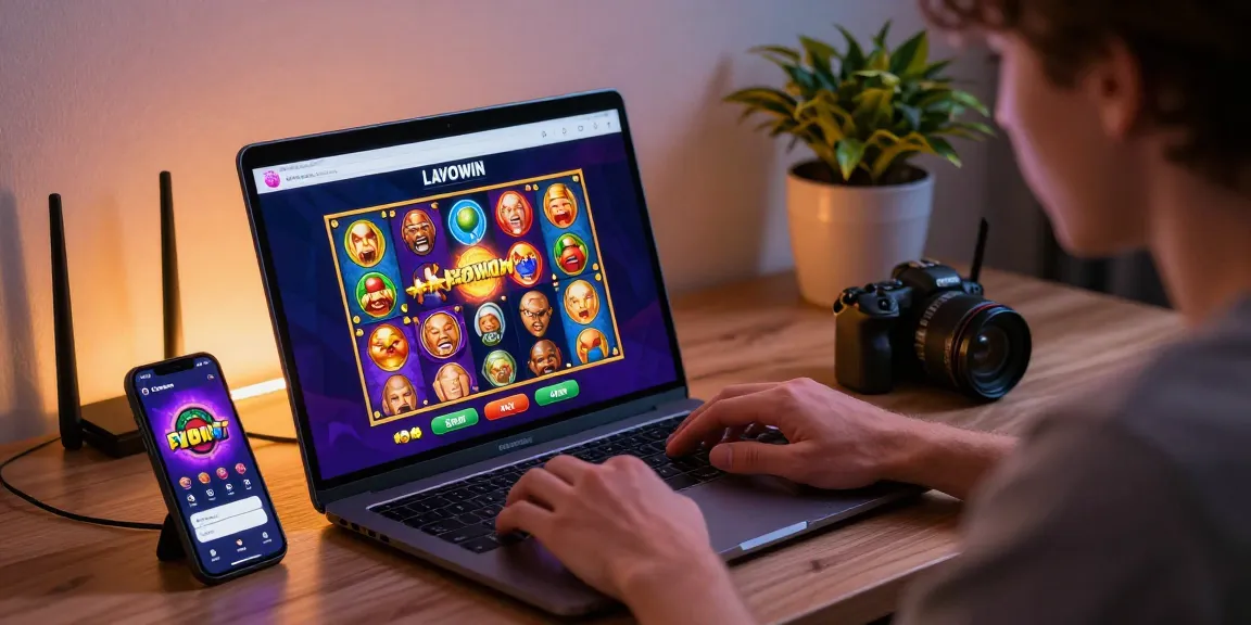 Engaging user playing on LAVOWIN online gambling platform, showcasing colorful slot games and a cozy gaming setup.